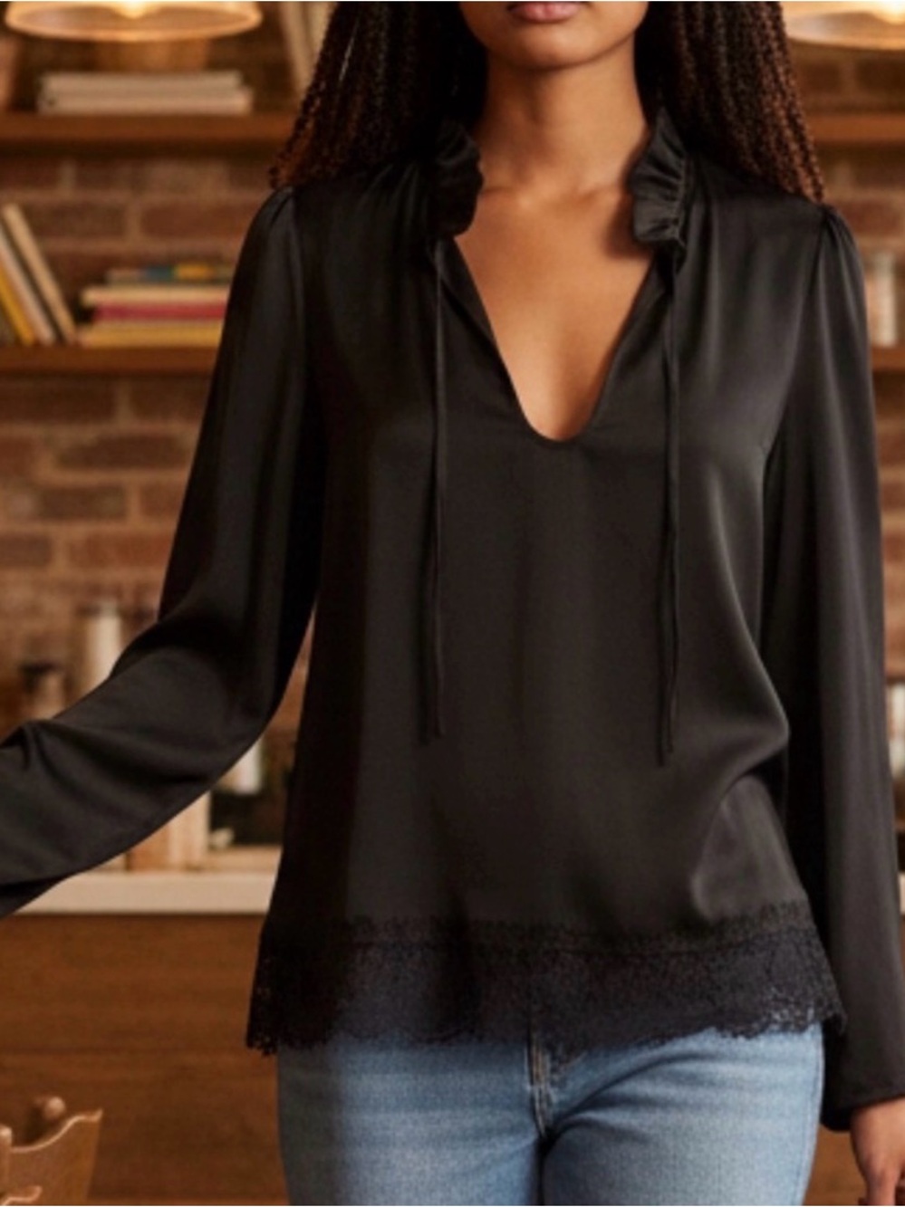L'Academie Black Satin V-Neck Long-Sleeve Blouse with Lace Hem